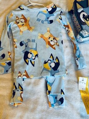 Light Blue Kids Pajama Set with Cartoon Bluey Characters
